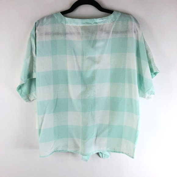 Style & Co Top Tie Front Oversized Cotton Linen Blend Gingham Plaid Mint Green M - Picture 2 of 4